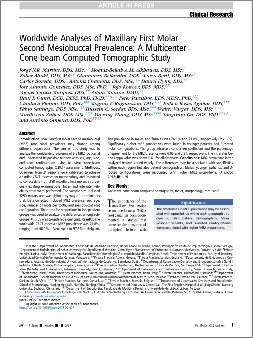 Publicação no Journal of Endodontics